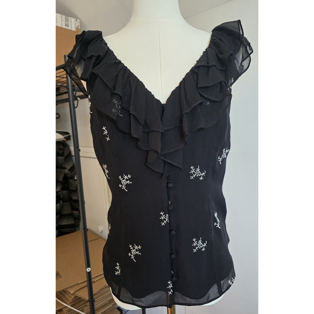 Cinq a Sept Embroidered Gia Ruffle Neckline Black Floral Silk blouse Top XS